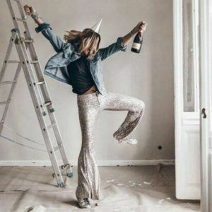 HARD TO FIND! NWT ZARA silver sequin flared pants